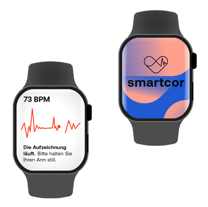 Eine Smartwatch zeigt eine EKG-Aufzeichnung und eine Smartwatch zeigt das Logo von smartcor.