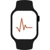 Das Symbol für einen Sinusrhythmus in rot auf dem Display einer Smartwatch vor einem grau-weiß-kariertem Hintergrund