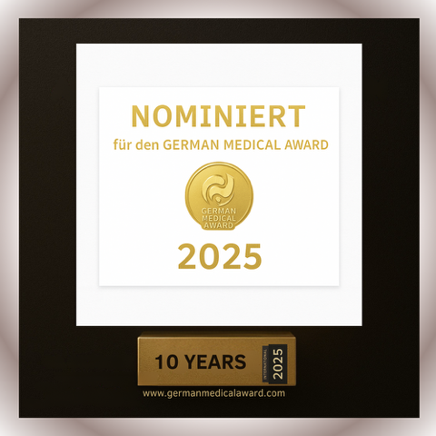 Auf weißer Fläche steht in goldenen Buchstaben: Nominiert für den German Medical Award 2025