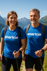 Sport trotz Vorhofflimmern? Ja! Eine Frau und ein Mann mittleren Alters wandern lächelnd bei Sonnenschein in den Bergen. Beide sind sportlich, beide tragen eine Smartwatch. Beide tragen ein blaues T-Shirt mit weißer Aufschrift smartcor. Die smartcor-App kann Dir zusätzlich Sicherheit geben.