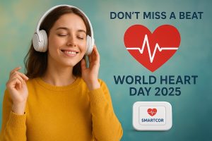 Bild Junge Frau mit Kopfhörern genießt Musik und lächelt entspannt. Daneben ein rotes Herz mit EKG-Linie, der Schriftzug ‚Don’t miss a beat – World Heart Day 2025‘ sowie das Smartcor-Logo als Symbol für digitale Schlaganfallprävention. Fotorealistische Darstellung mit freundlichen Farben, die Herzgesundheit, Musik und Prävention positiv verbindet.