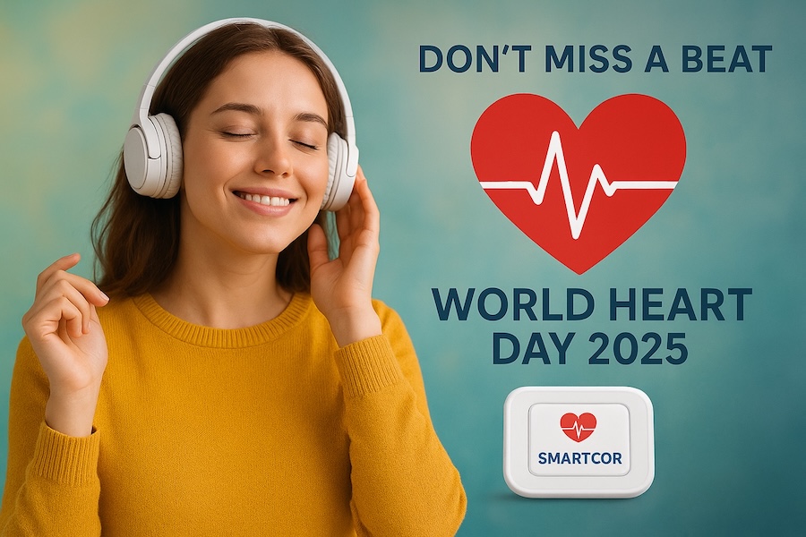 Bild Junge Frau mit Kopfhörern genießt Musik und lächelt entspannt. Daneben ein rotes Herz mit EKG-Linie, der Schriftzug ‚Don’t miss a beat – World Heart Day 2025‘ sowie das Smartcor-Logo als Symbol für digitale Schlaganfallprävention. Fotorealistische Darstellung mit freundlichen Farben, die Herzgesundheit, Musik und Prävention positiv verbindet.
