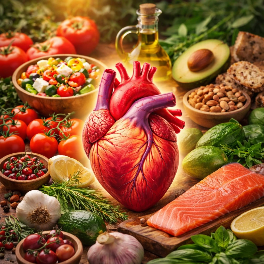 Im Zentrum ist ein menschliches Herz zu sehen. Umgeben ist es von Lebensmitteln, die die mediterrane Küche symbolisieren: zum Beispiel Fisch, Olivenöl, Tomaten, Knoblauch,