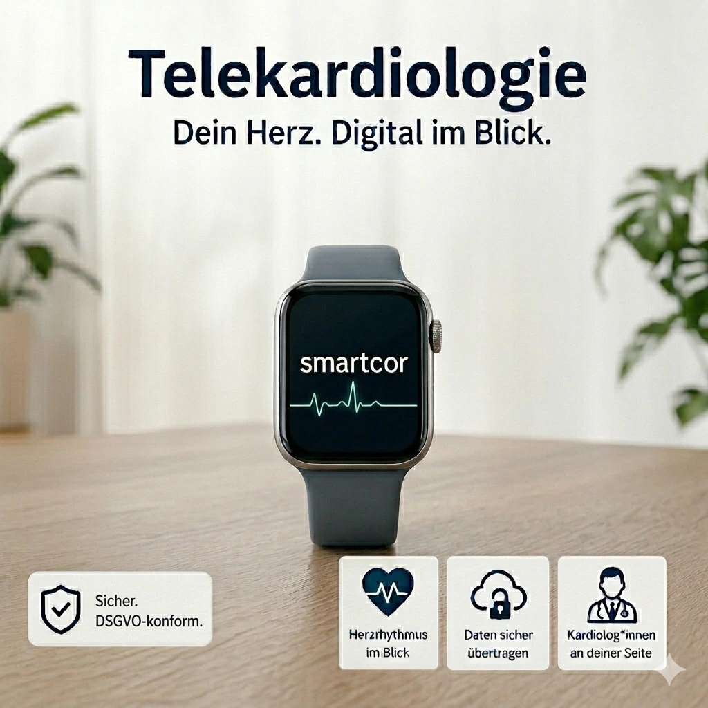 Mittig im Bild zu sehen ist eine graue Smartwatch. Auf dem Display steht smartcor. Über der Uhr in Blau steht als Überschrift: Telekardiologie. Untertitel: Dein Herz. Digital im Blick. Im unteren Bereich des Bildes sind auf weißem Hintergrund die Hinweise auf die Sicherheit, DSGVO-Konformität und die Nähe zu echten Kardiolog*innen.