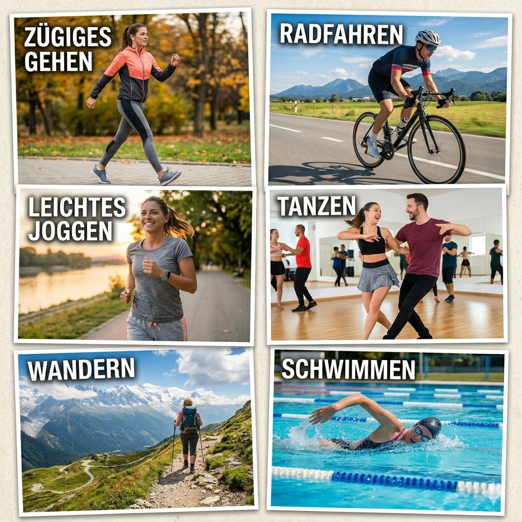 SportartenHerzgesundheit Eine Frau beim zügigen Gehen, ein Mann beim Radfahren, eine Frau beim leichten Joggen, eine Frau und ein Mann tanzen fröhlich, ein Mann wandert in den Bergen und eine Frau schwimmt mit Schwimmbrille und Schwimmkappe im Freibad