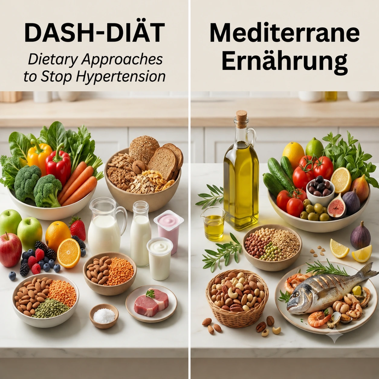 Abbildung zeigt auf der linken Seite Lebensmittel für die DASh-Diät, auf der rechten Seite Lebensmittel, die typischerweise der mediterranen Ernährungsweise zugeordnet werden